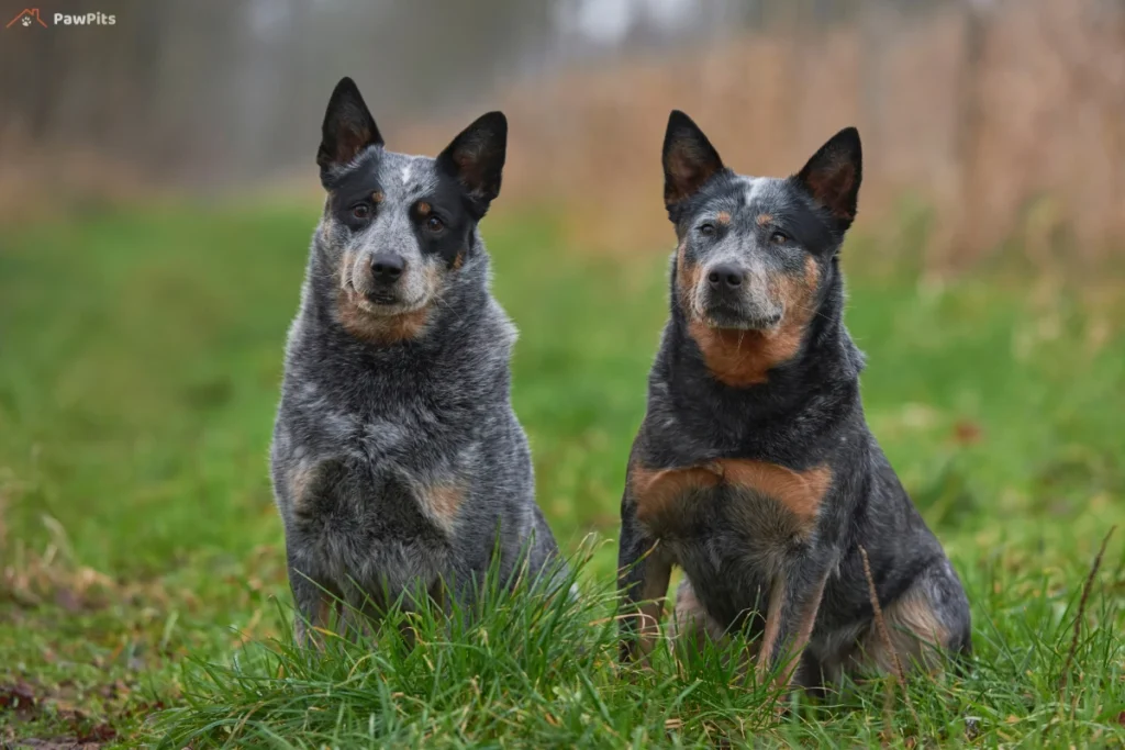 Two Australian Cattle Dogs sitting in a grassy field, looking attentively at the camera