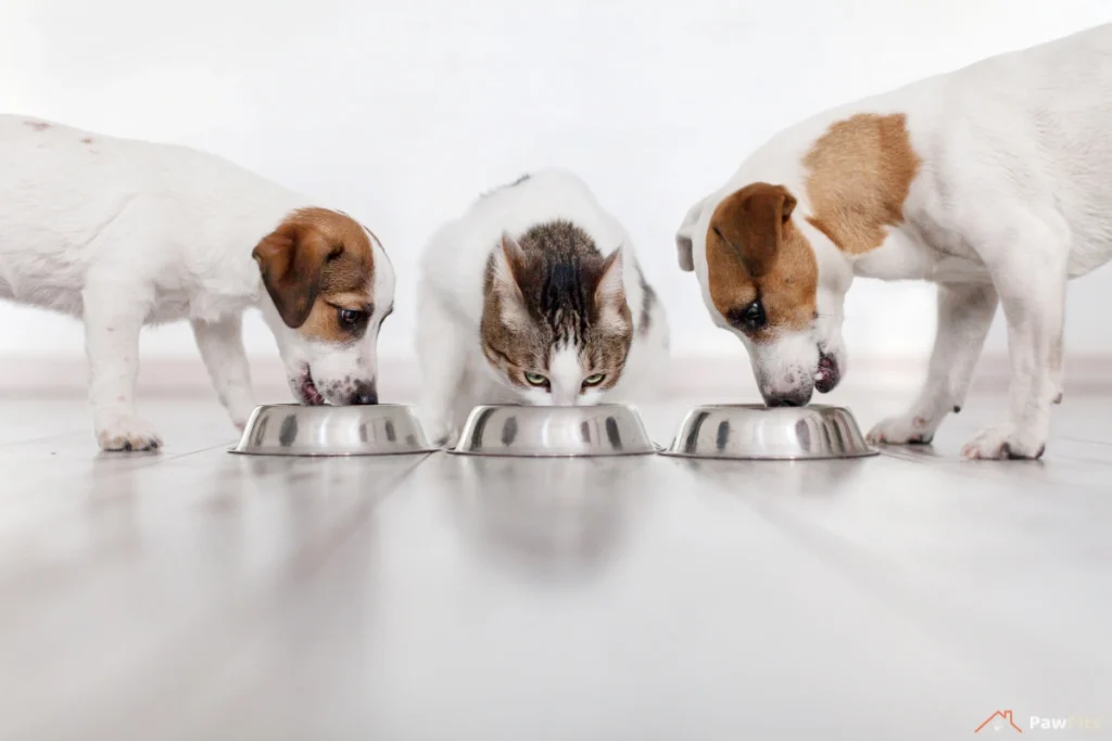 A tabby and white cat and a white and brown dog eating kibble from separate plates on a table with warm, decorative lighting in the background.