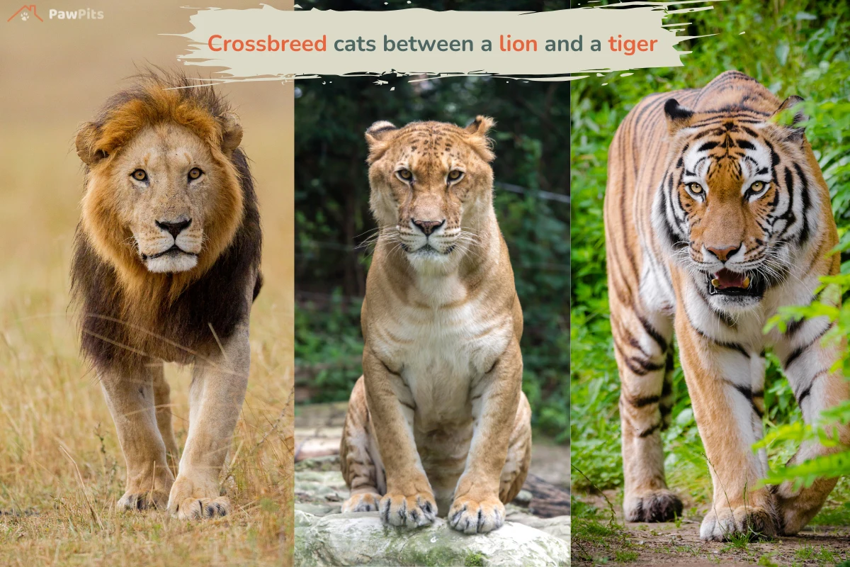 A majestic crossbreed of two zoo cats with striking features, blending the traits of both parent species.