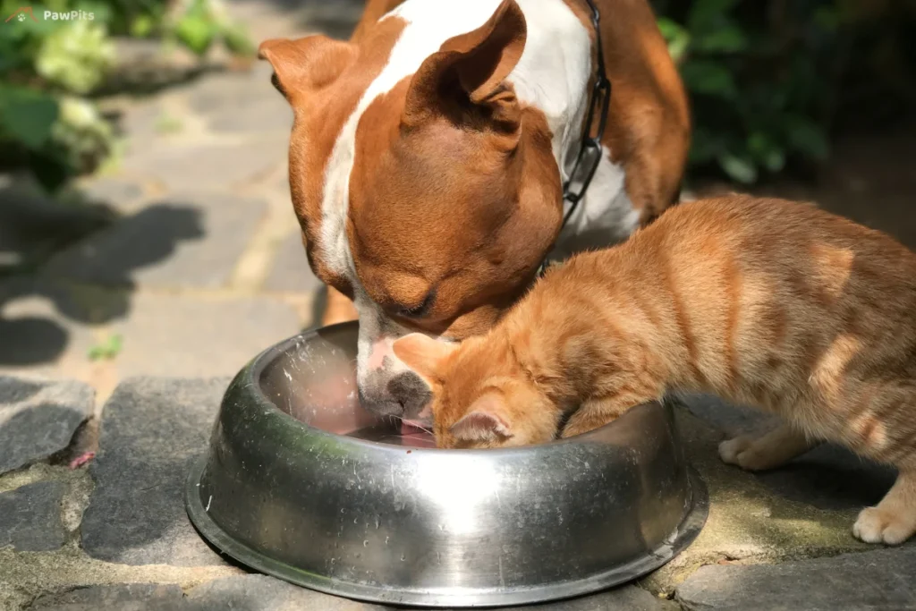 A brown and white dog and an orange tabby cat drinking water together from a large metal bowl outdoors on a sunny day.