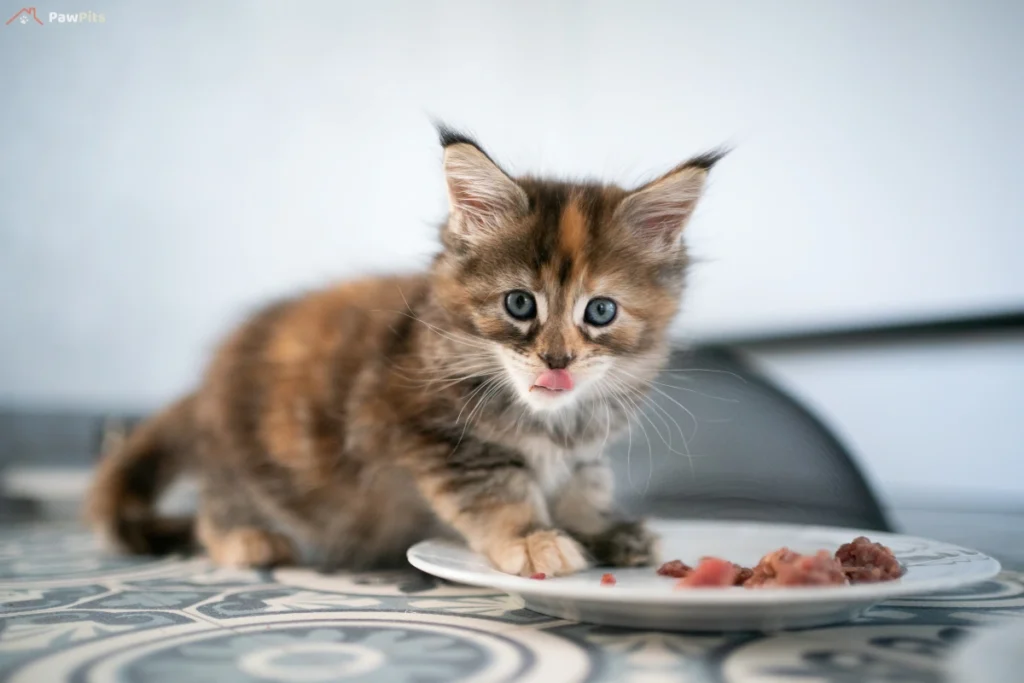 A fluffy kitten with a brown and orange coat licks its lips while eating wet kitten food from a white plate.