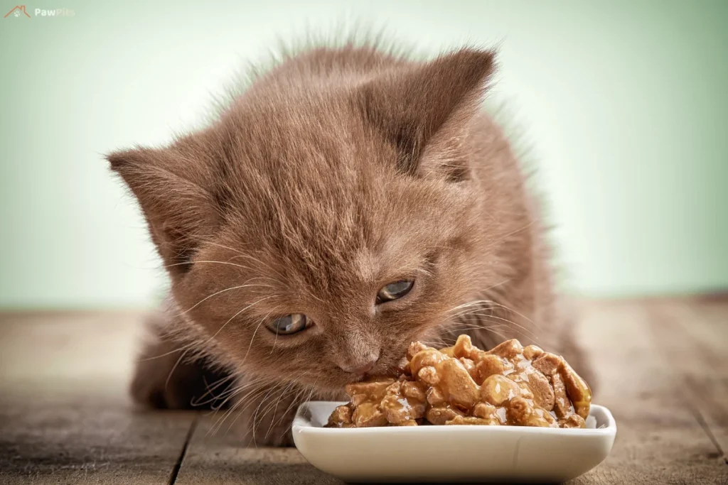 A fluffy brown kitten eating wet kitten food from a small white dish on a wooden surface.