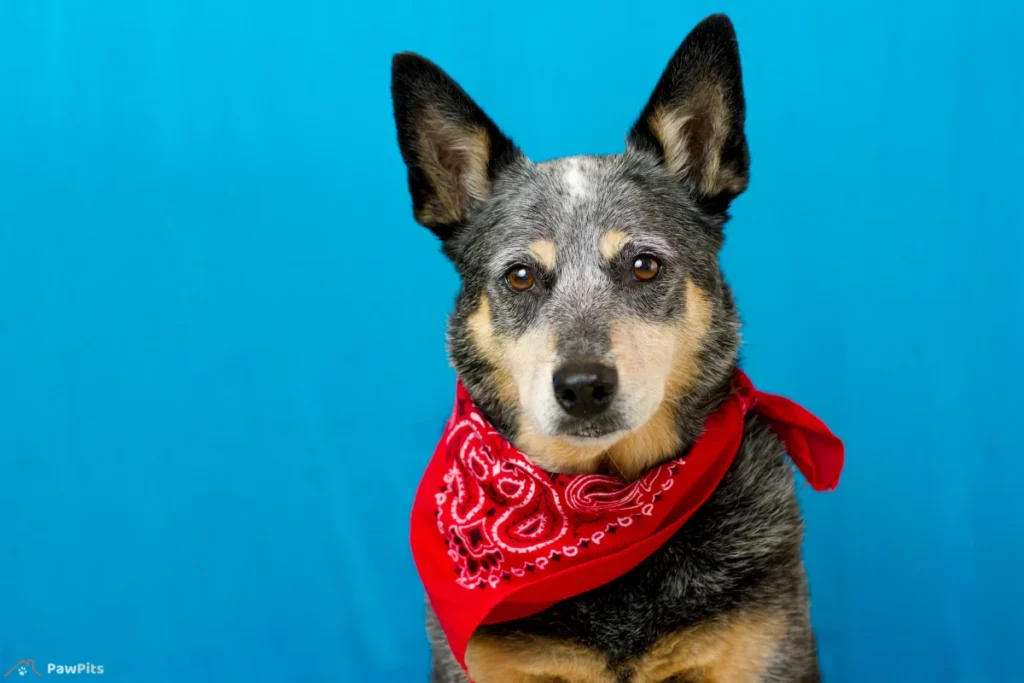 A Queens Heeler dog wearing a red bandana, posing against a bright blue background