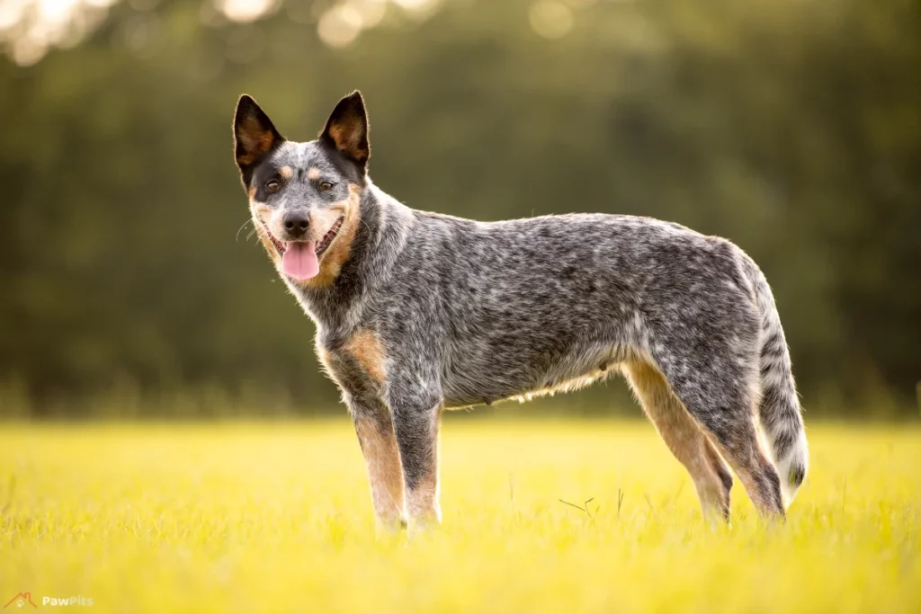 A Queens Heeler dog standing in a grassy field with a blurred forest in the background