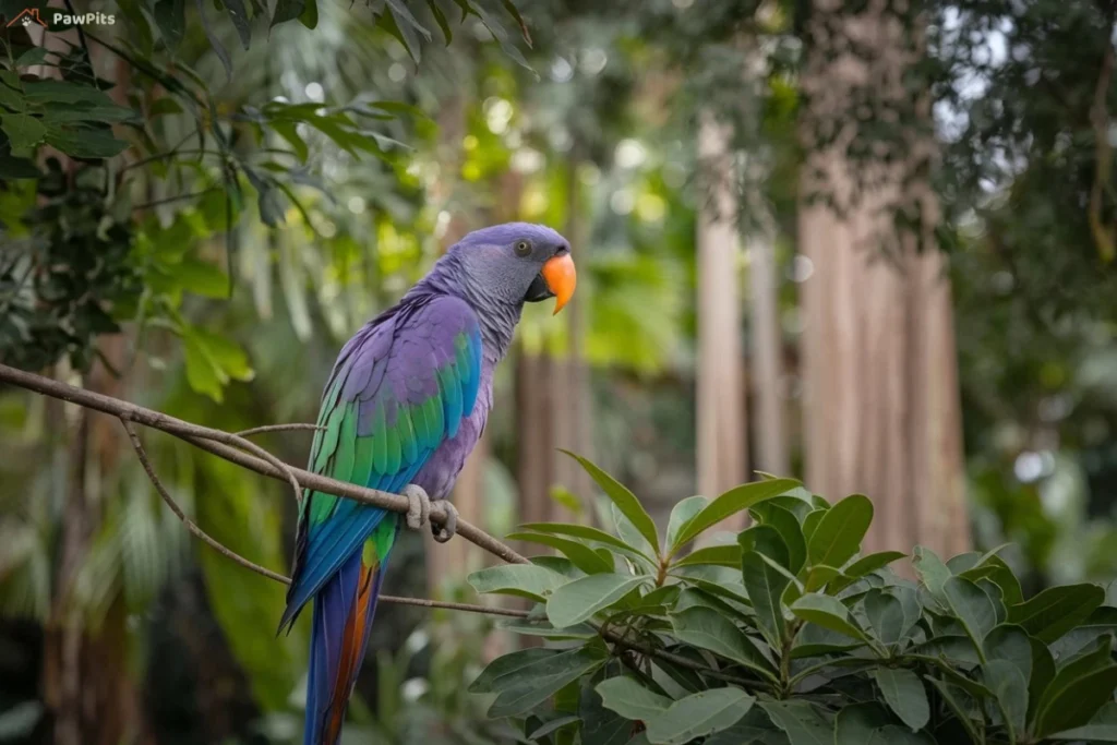 A vibrant purple parrot with green and blue wings perched on a branch in a lush tropical forest