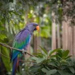 A vibrant purple parrot with green and blue wings perched on a branch in a lush tropical forest