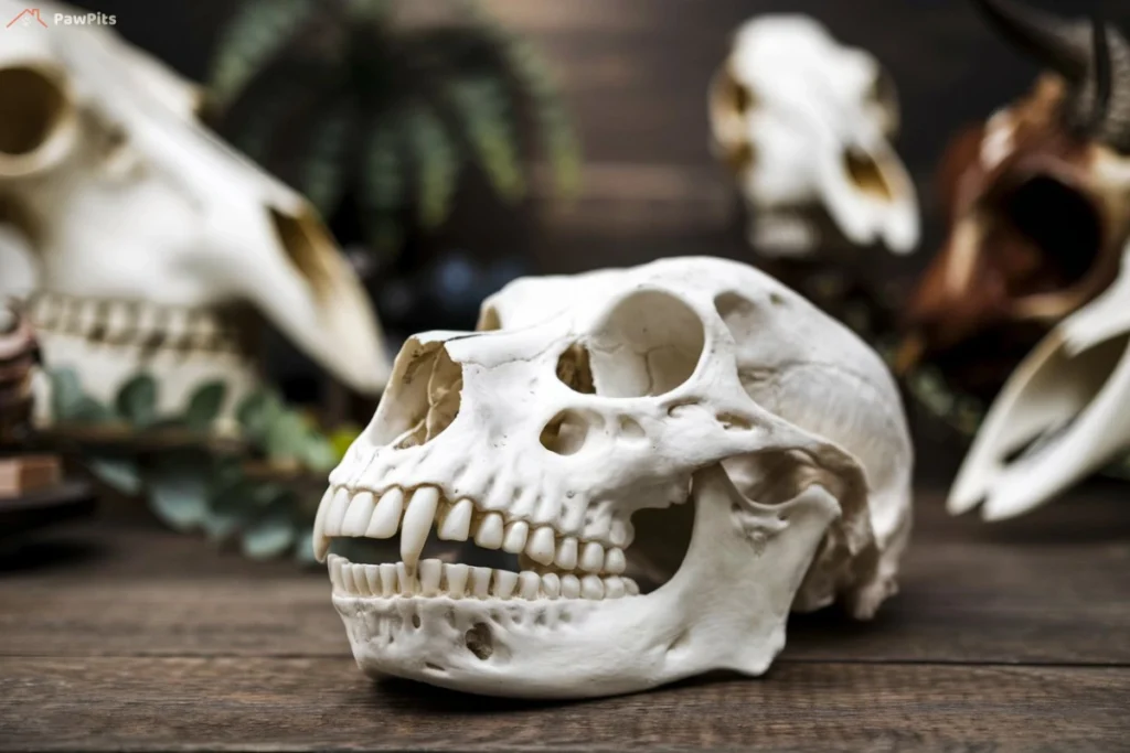 A white dog skull displayed on a wooden surface with blurred skulls and greenery in the background.