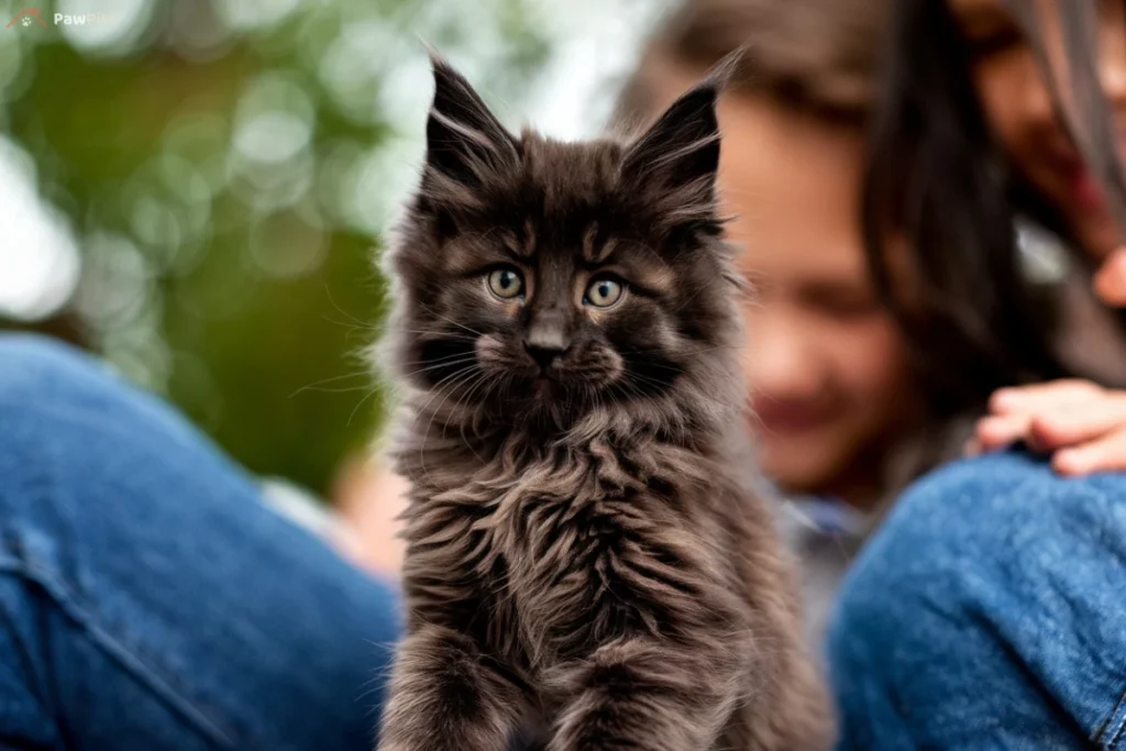 A fluffy black Maine Coon kitten with wide, curious eyes sits prominently in the foreground. The kitten’s long fur and tufted ears are accentuated, with blurred human figures and a vibrant green background providing a warm, lively setting.