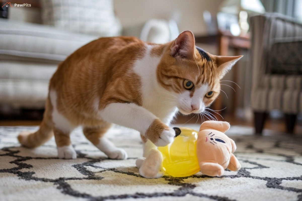 An orange and white cat playing with a yellow and beige plush toy on a patterned rug in a cozy living room