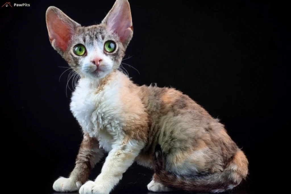 A close-up of a devon rex kittens with large ears, bright green eyes, and a curly multicolored coat, sitting against a dark background