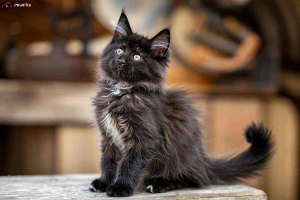 A fluffy black Maine Coon kitten with bright yellow eyes sits on a wooden surface, gazing upward with curiosity. The kitten’s long fur, white chest markings, and tufted ears stand out against a warm, rustic background.