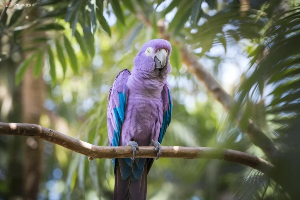 A purple parrot with vivid blue accents perched on a branch, surrounded by soft tropical foliage