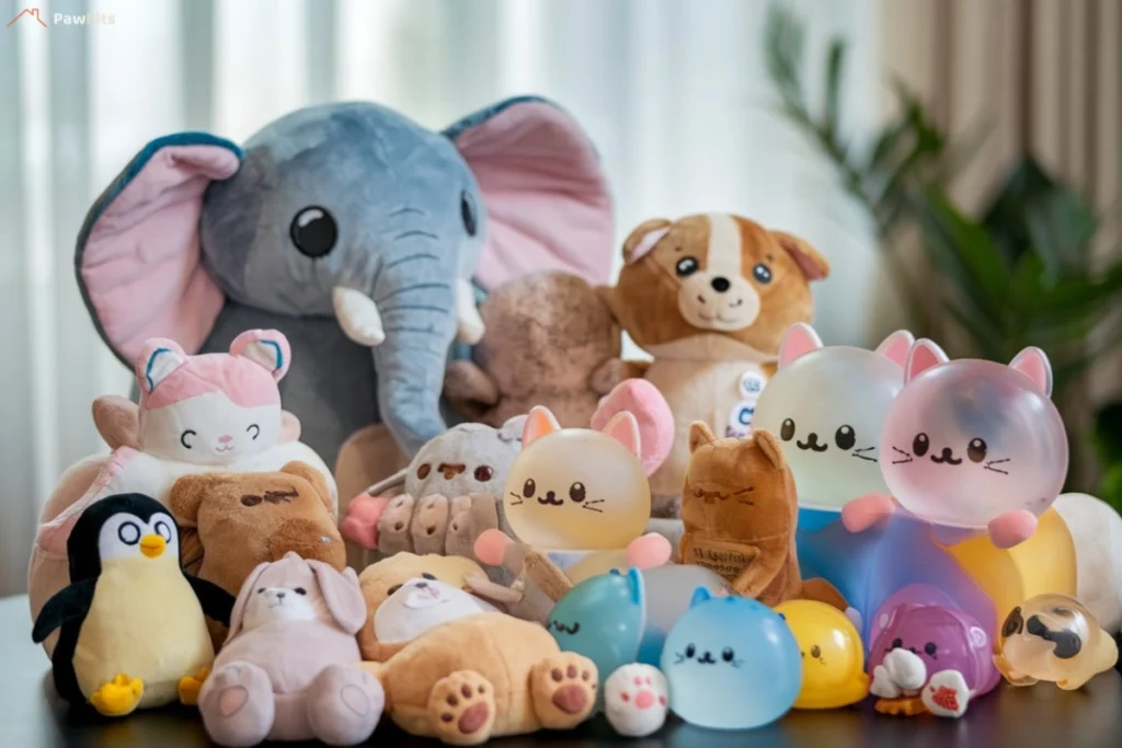 A large plush elephant surrounded by a variety of soft toys, including cats, dogs, penguins, and squishy animal figures, arranged on a table in a sunlit room