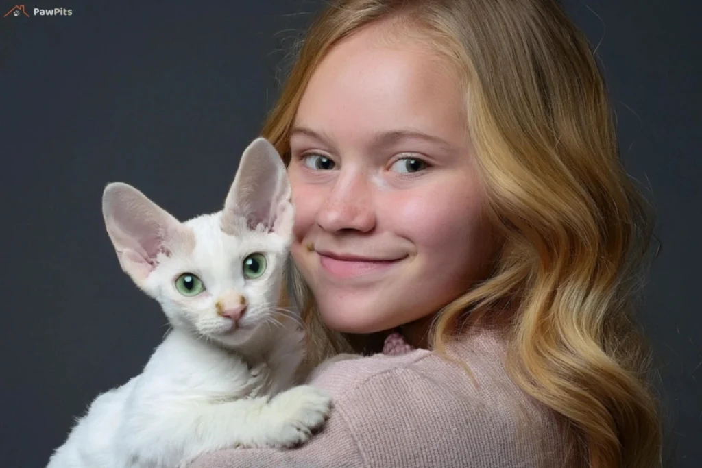 A young girl with long blonde hair smiles while holding a white Devon Rex kitten with large ears and bright green eyes.