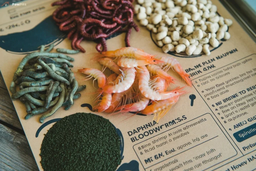 A DIY fish food recipe with fresh vegetables, shrimp, and gelatin being blended and prepared for aquarium fish.