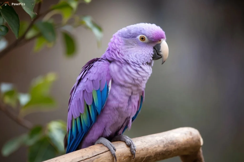 A majestic purple parrot with green and blue feathers perched on a wooden branch, with a soft blurred background