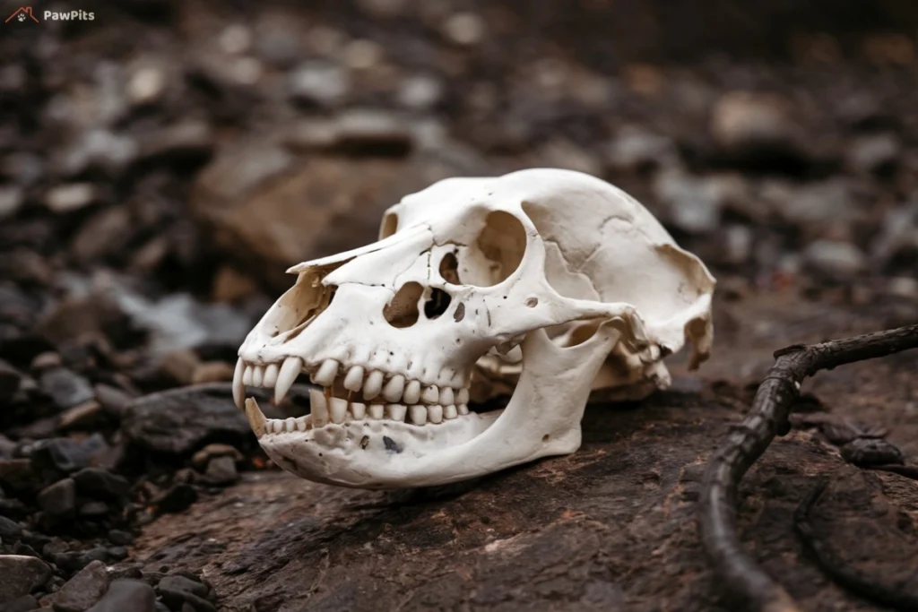 A canine skull positioned on a rock with a blurred desert background.