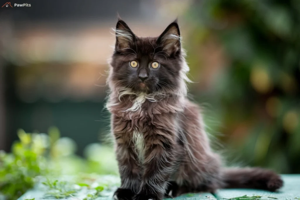 A fluffy black Maine Coon kitten with striking yellow eyes, sitting gracefully on a soft white blanket. The kitten's long fur and tufted ears are prominent, showcasing its unique breed characteristics.