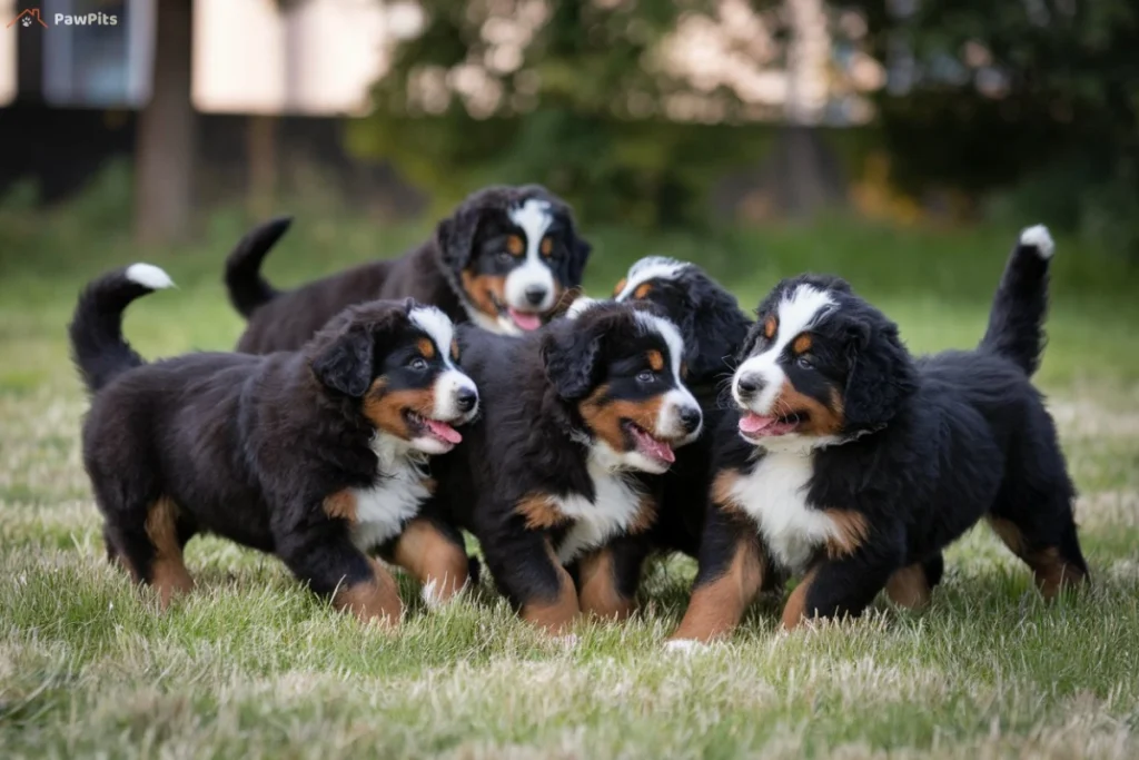 A group of adorable Bernese Mountain Dog puppies playing together on a grassy field, looking happy and full of energy.