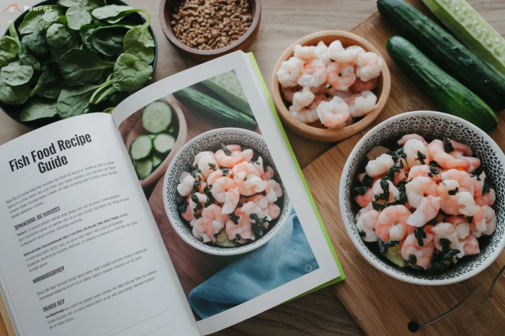 A variety of homemade fish food pellets and flakes displayed in a bowl, made from fresh vegetables and proteins, ideal for aquarium fish.