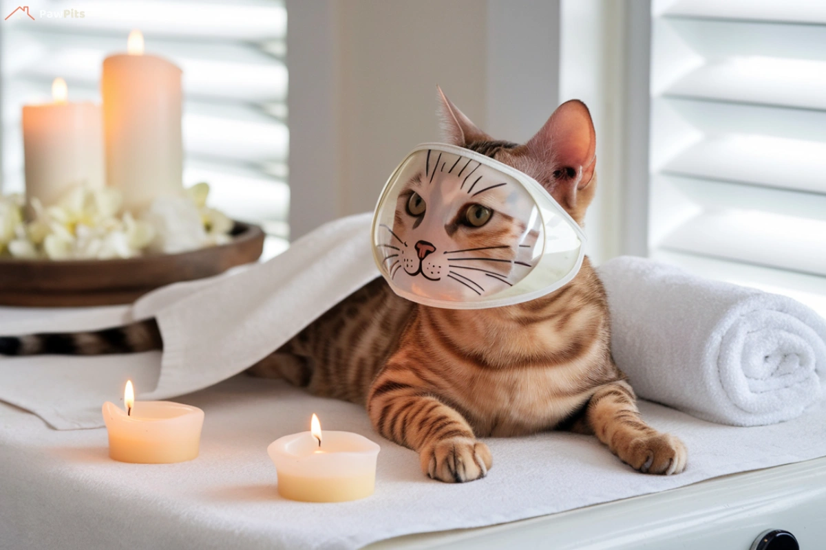 Cat muzzle - A Bengal cat relaxing on a spa table wearing a novelty muzzle designed to resemble a cartoonish cat face, surrounded by candles and a cozy ambiance.