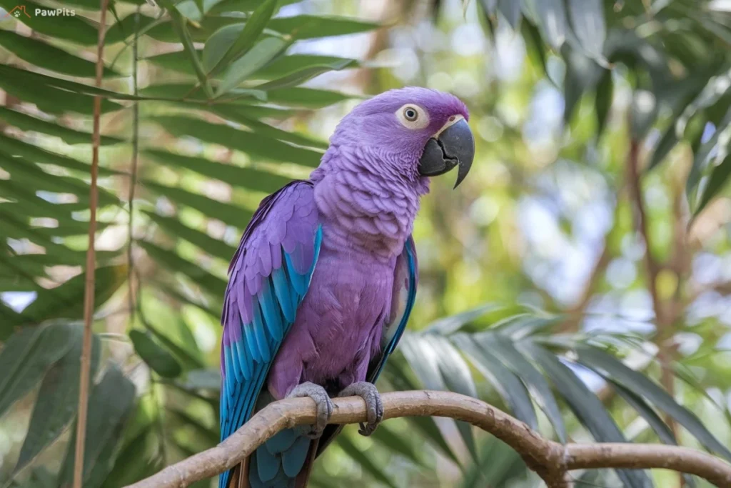 Close-up of a vibrant purple parrot with green and blue wings perched on a wooden branch