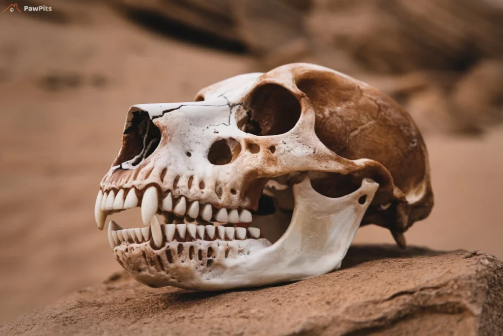 A close-up view of a dog skull resting on a rock in a desert-like environment.