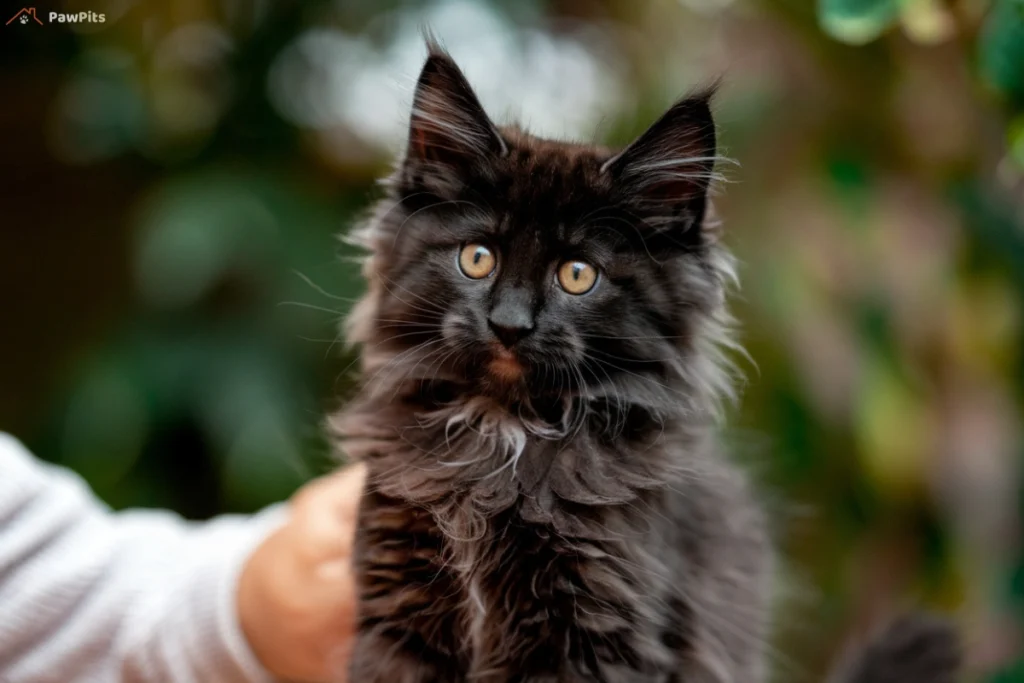 A close-up of a black Maine Coon kitten with bright amber eyes and long, fluffy fur. The kitten is looking curiously at the camera, with a blurred green background that highlights its striking features.