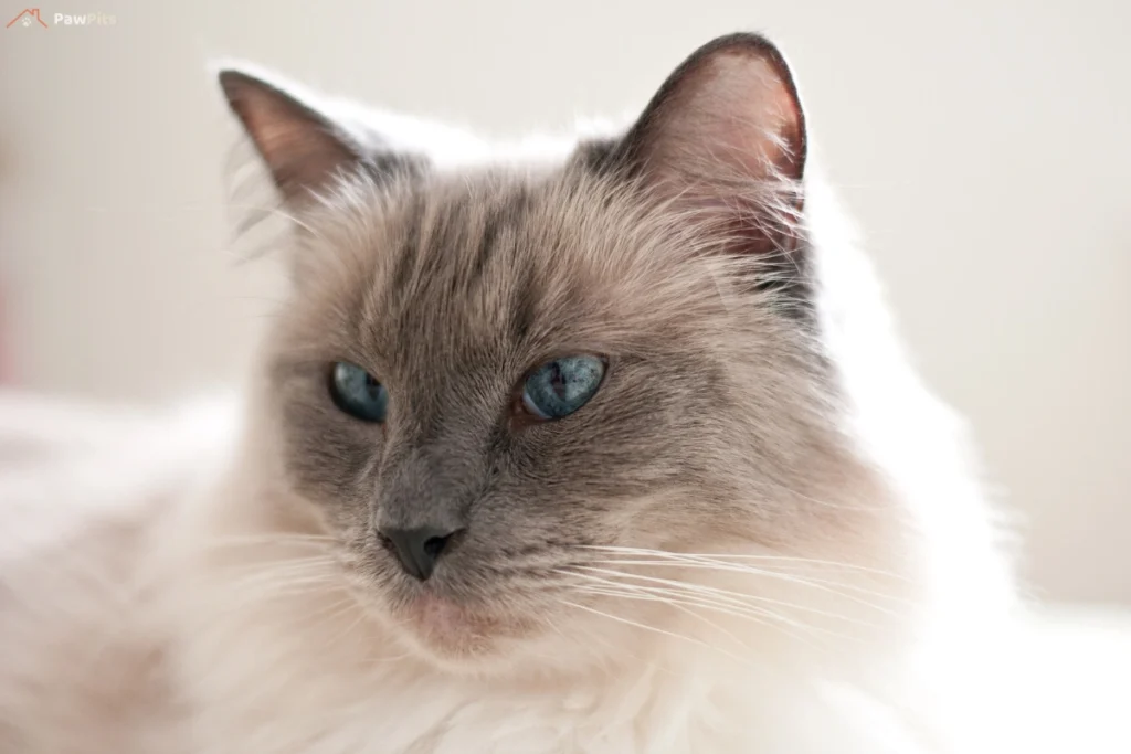 Chocolate Ragdoll cat with striking blue eyes and a soft, fluffy coat