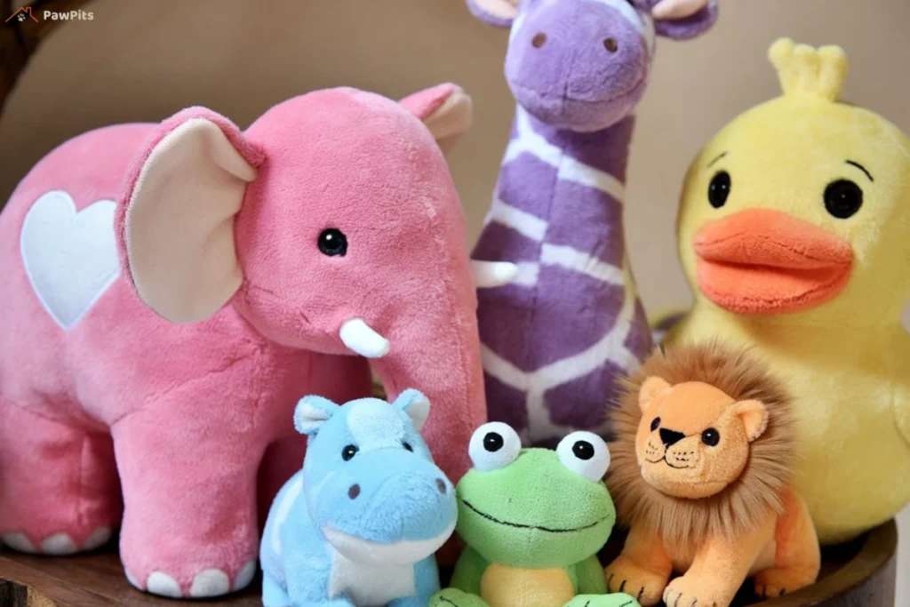 A group of colorful plush toys including a pink elephant, a purple giraffe, a yellow duck, a blue hippo, a green frog, and a small orange lion