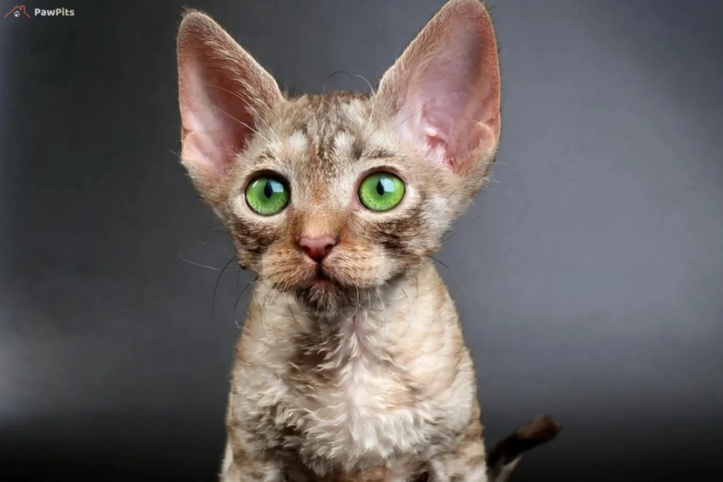 A multicolored devon rex kittens sitting against a black background, showing off its playful charm.