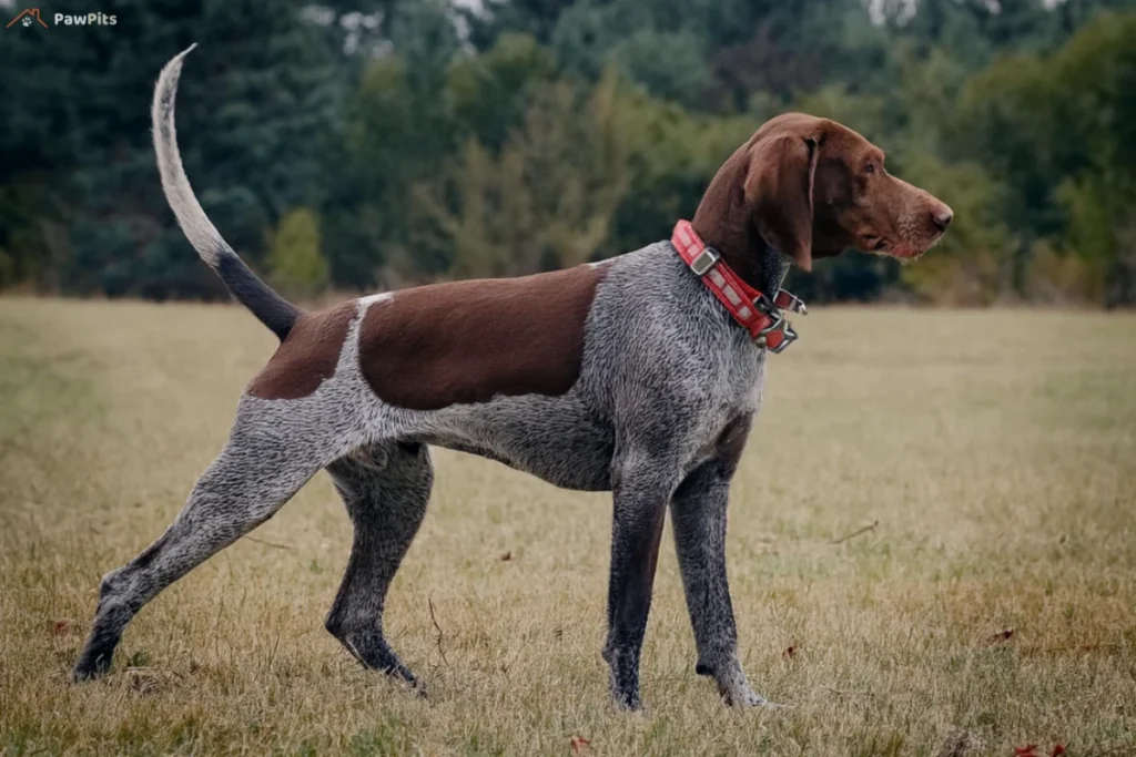 GSP Dog: German Shorthaired Pointer with a sleek brown coat gazing into the distance, framed by soft natural light