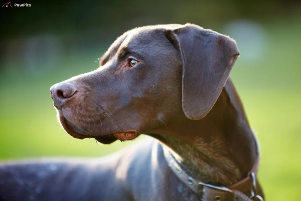 GSP Dog: German Shorthaired Pointer in profile with a shiny brown coat and attentive expression, set against a green, blurred background