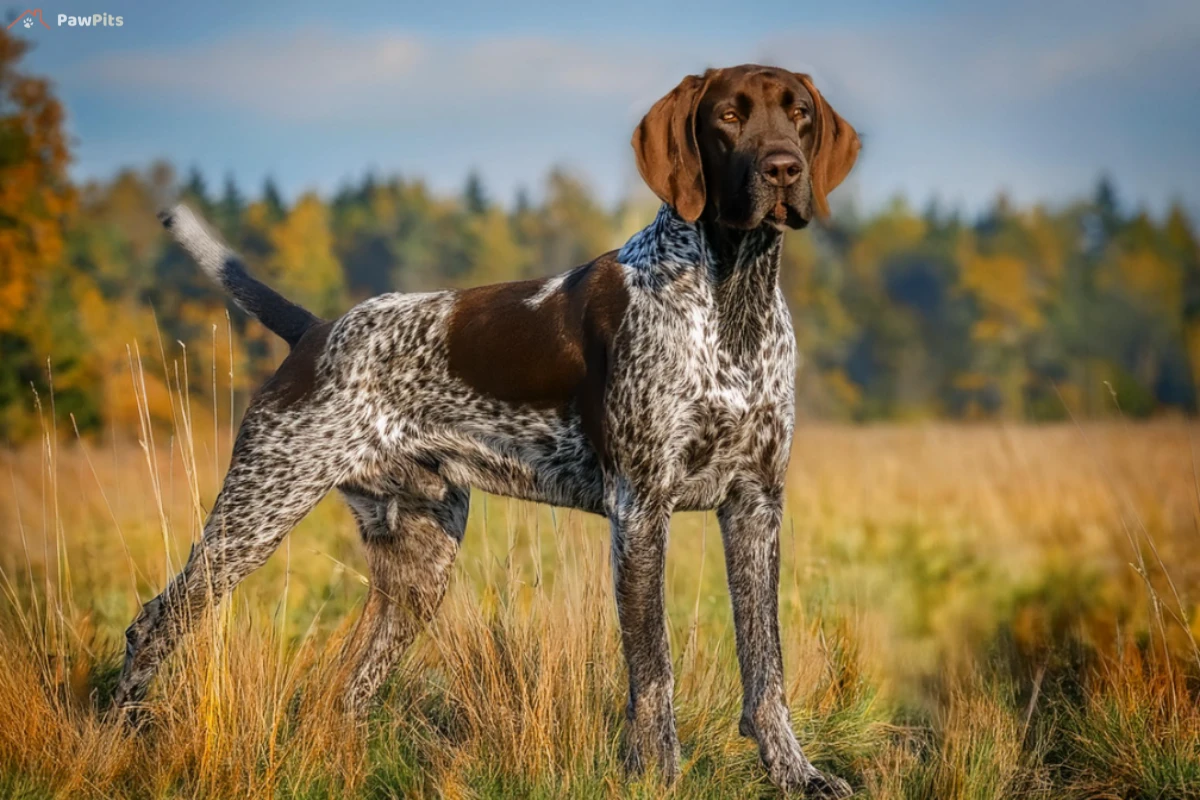 GSP Dog: German Shorthaired Pointer standing alert in a grassy field with autumn foliage in the background.