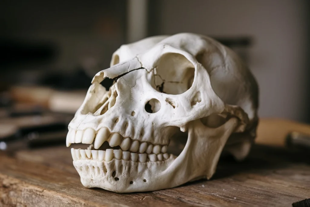 A close-up of a canine skull on a sandy rock in a desert-like setting.