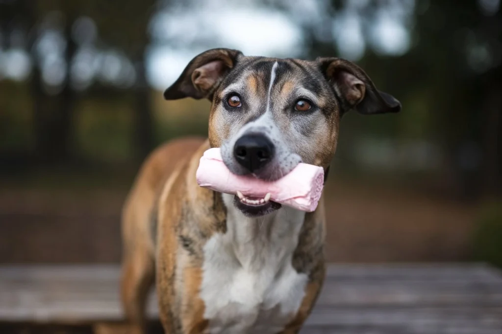 A mixed-breed dog holding a pink marshmallow in its mouth while standing outdoors.