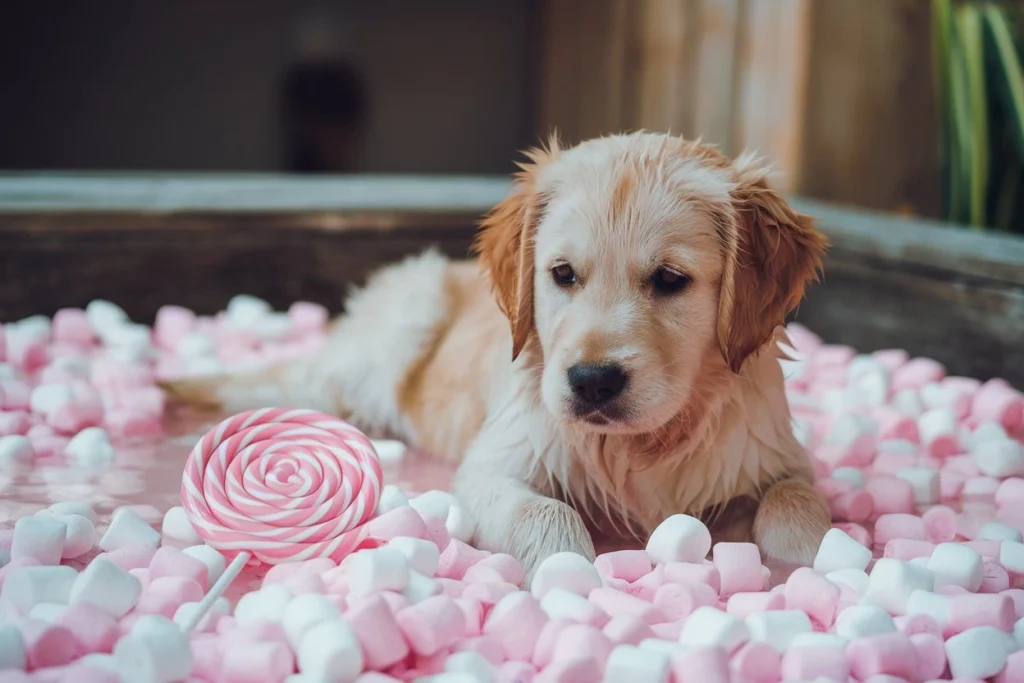 A golden retriever puppy lying in a pile of pink and white marshmallows with a pink lollipop nearby.