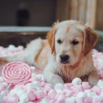 A golden retriever puppy lying in a pile of pink and white marshmallows with a pink lollipop nearby.