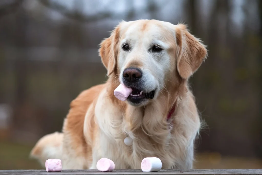 A golden retriever holding a marshmallow in its mouth, with three marshmallows on a wooden surface in front of it.