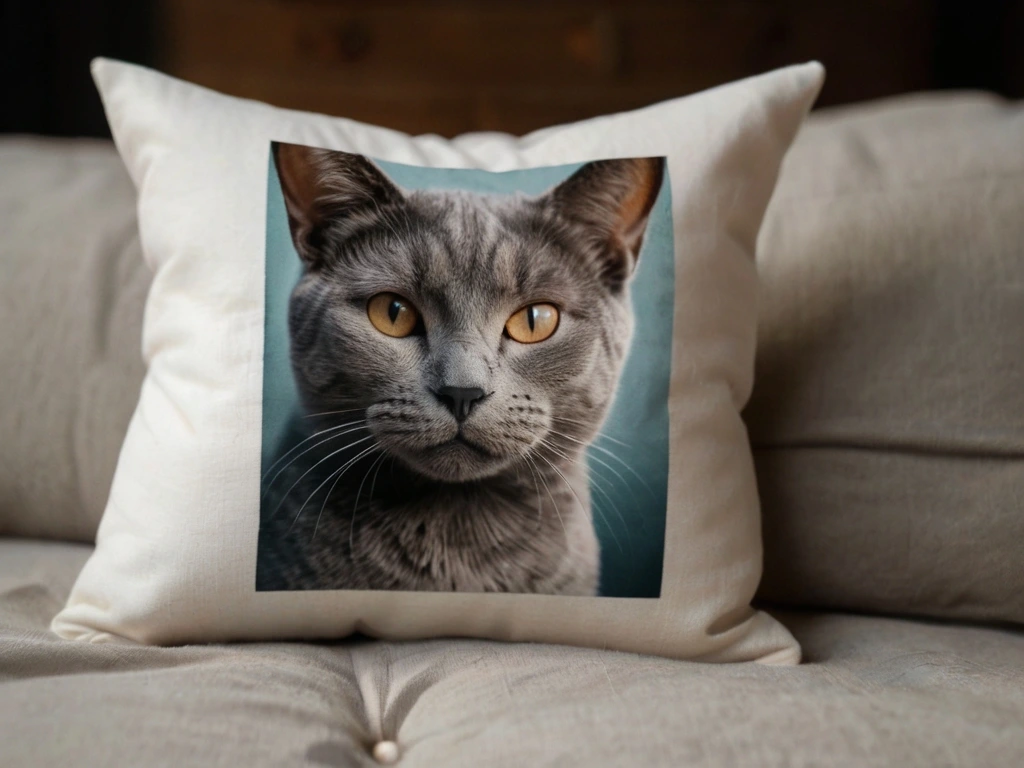 A cat pillow with a realistic image of a ginger tabby cat’s face, resting on a white bedspread in a dark-themed room.