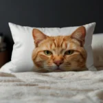 A cat pillow featuring the face of an orange tabby cat, placed on a bed with a white blanket.