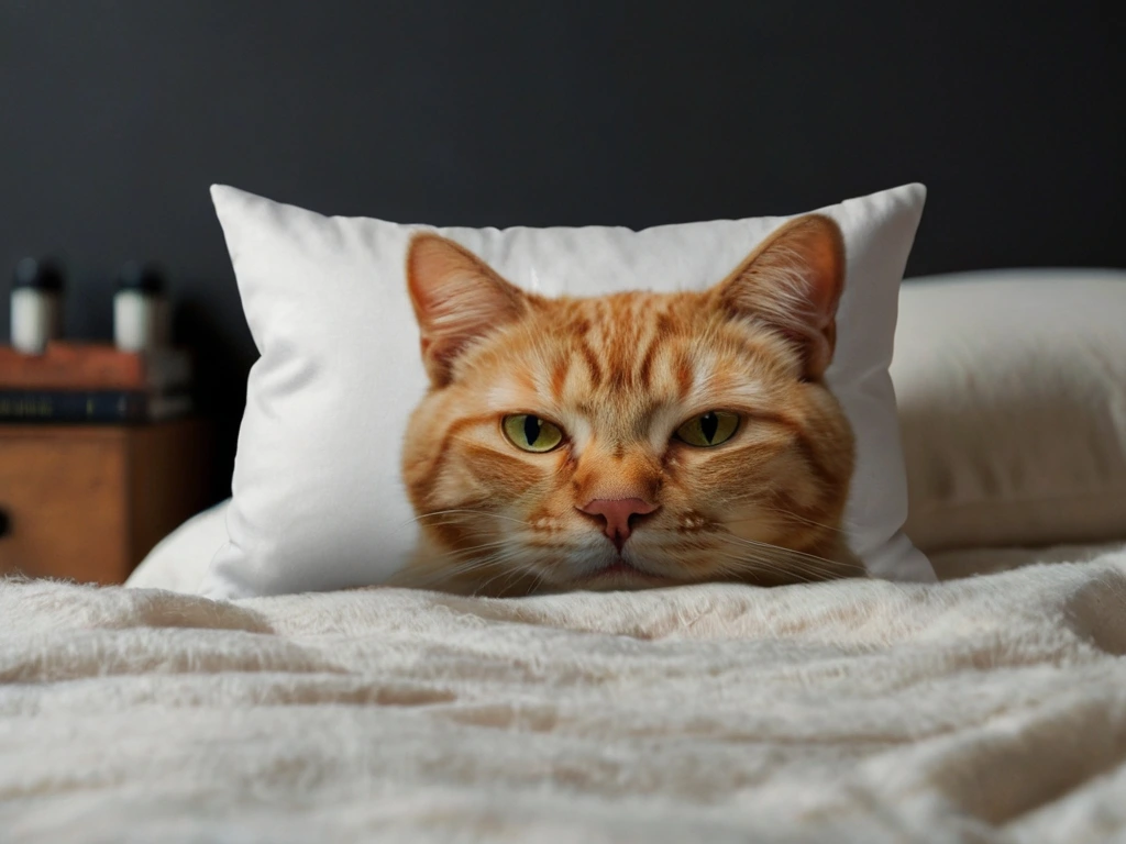 A cat pillow featuring the face of an orange tabby cat, placed on a bed with a white blanket.