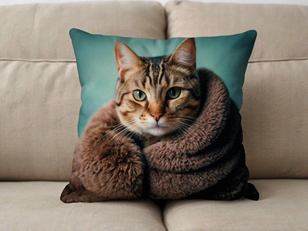 A cat pillow with a close-up of a tabby cat wrapped in a cozy brown blanket, placed on a beige sofa.