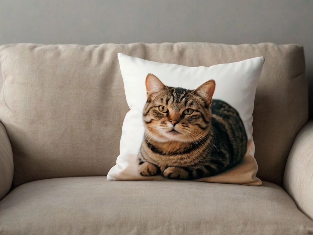 A cat pillow featuring a realistic image of a tabby cat, placed on a beige sofa.