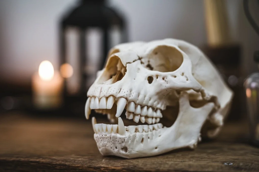 A cat skull displayed on a wooden surface with visible teeth and intricate bone details.