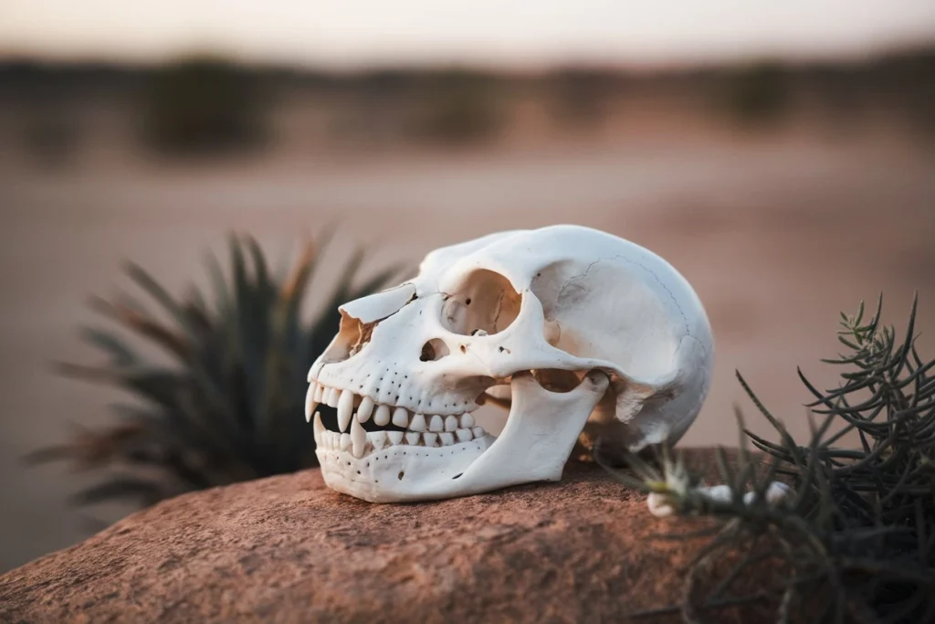 A close-up photograph of a cat skull resting on a rock in a desert environment.