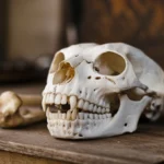 A close-up view of a cat skull with visible teeth resting on a wooden surface.