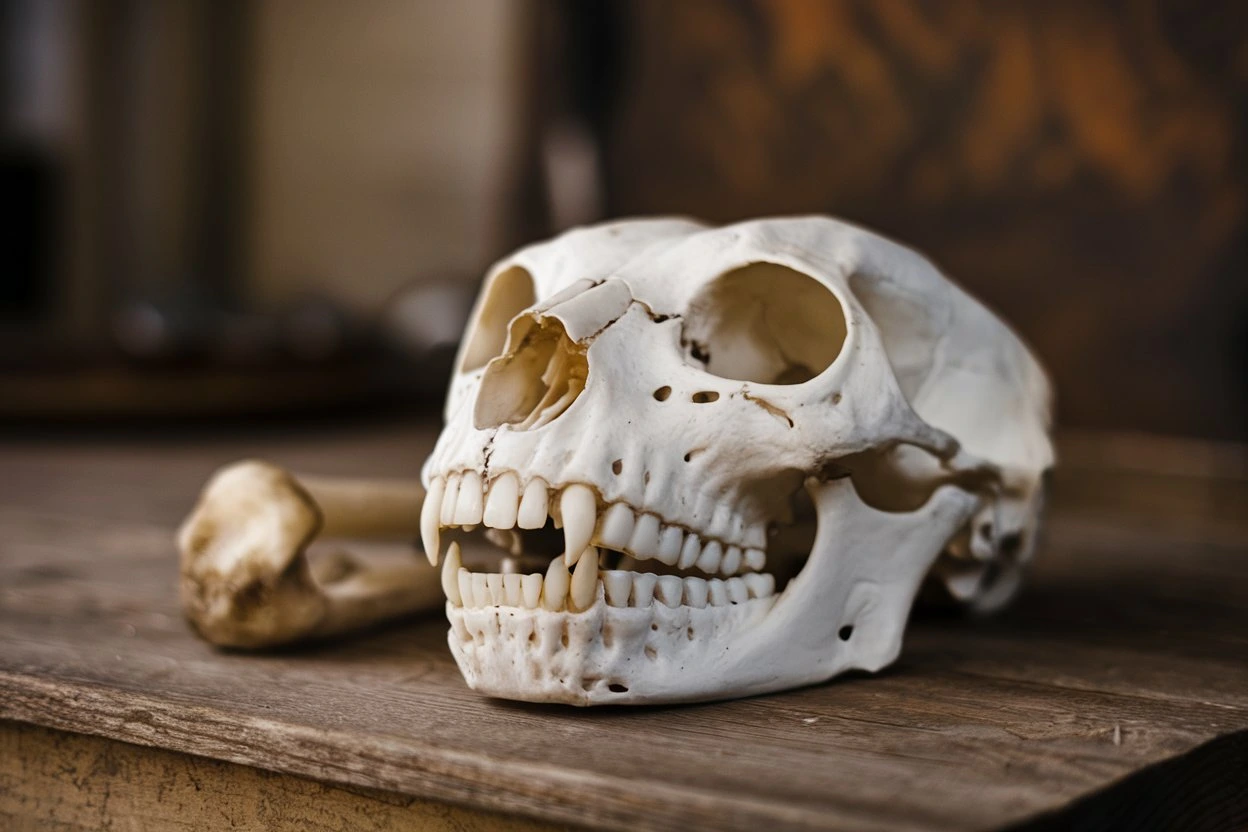 A close-up view of a cat skull with visible teeth resting on a wooden surface.