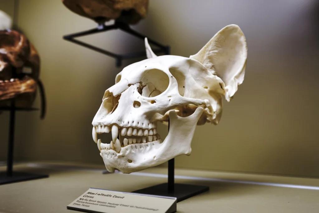 A detailed photograph of a cat skull displayed in a museum exhibit.