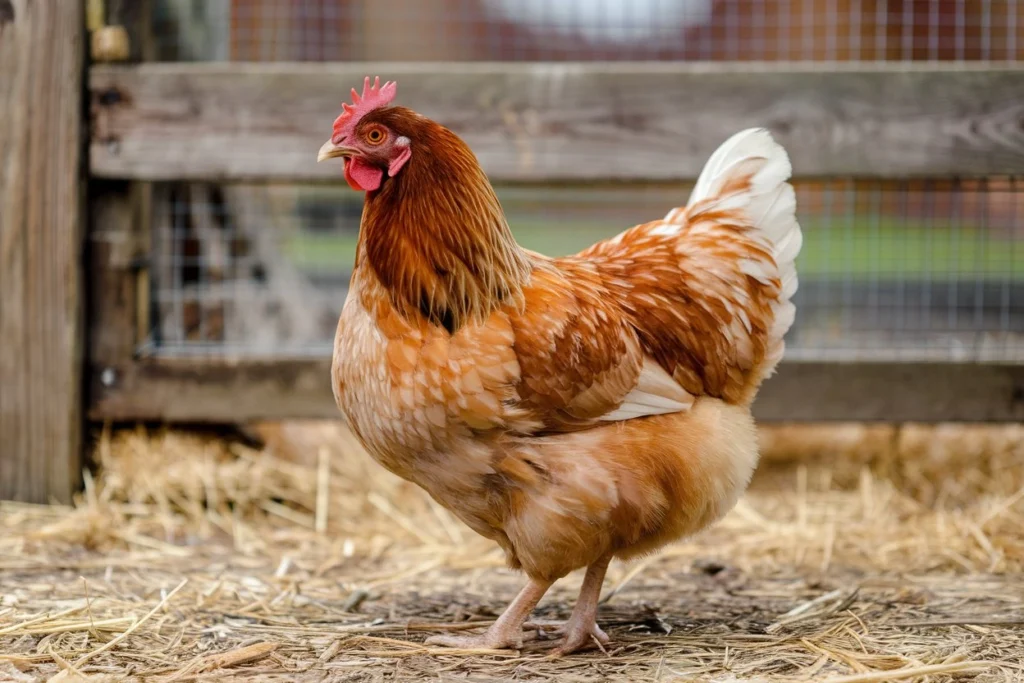 A Cinnamon Queen chicken with vibrant reddish-brown and white feathers perched gracefully on a wooden rail with a scenic farmyard in the background.